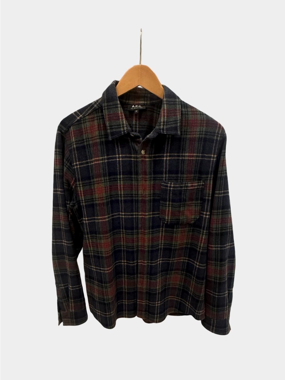 A.P.C. Wool Men's Dark grey & Burgundy Plaid Casual Button-Down Shirt